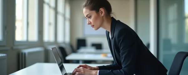 Une personne en bureau moderne examine un tableau de bord informatique affichant des métriques de performance système, avec vue en plongée sur un ordinateur portable d'entreprise