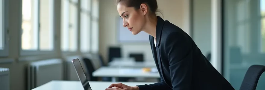 Une personne en bureau moderne examine un tableau de bord informatique affichant des métriques de performance système, avec vue en plongée sur un ordinateur portable d'entreprise