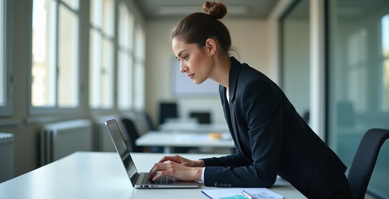 Une personne en bureau moderne examine un tableau de bord informatique affichant des métriques de performance système, avec vue en plongée sur un ordinateur portable d'entreprise