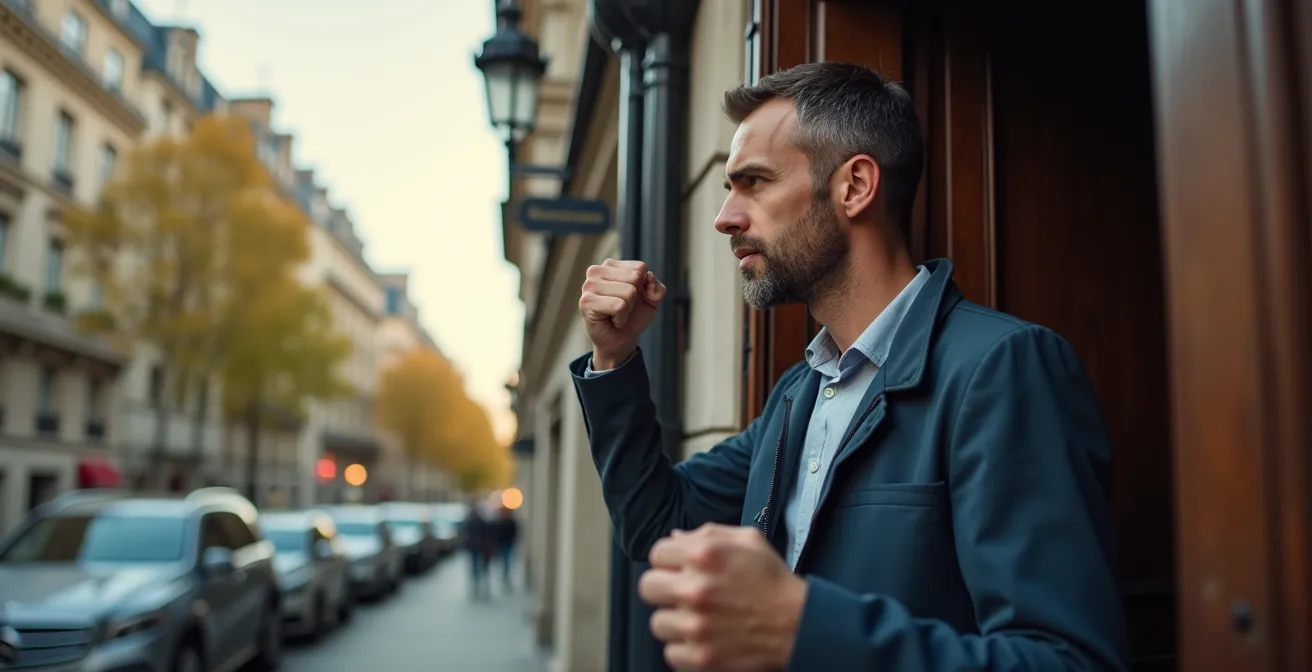 Technicien informatique avec veste de marque quittant rapidement un immeuble parisien typique, symbole de réactivité et proximité géographique
