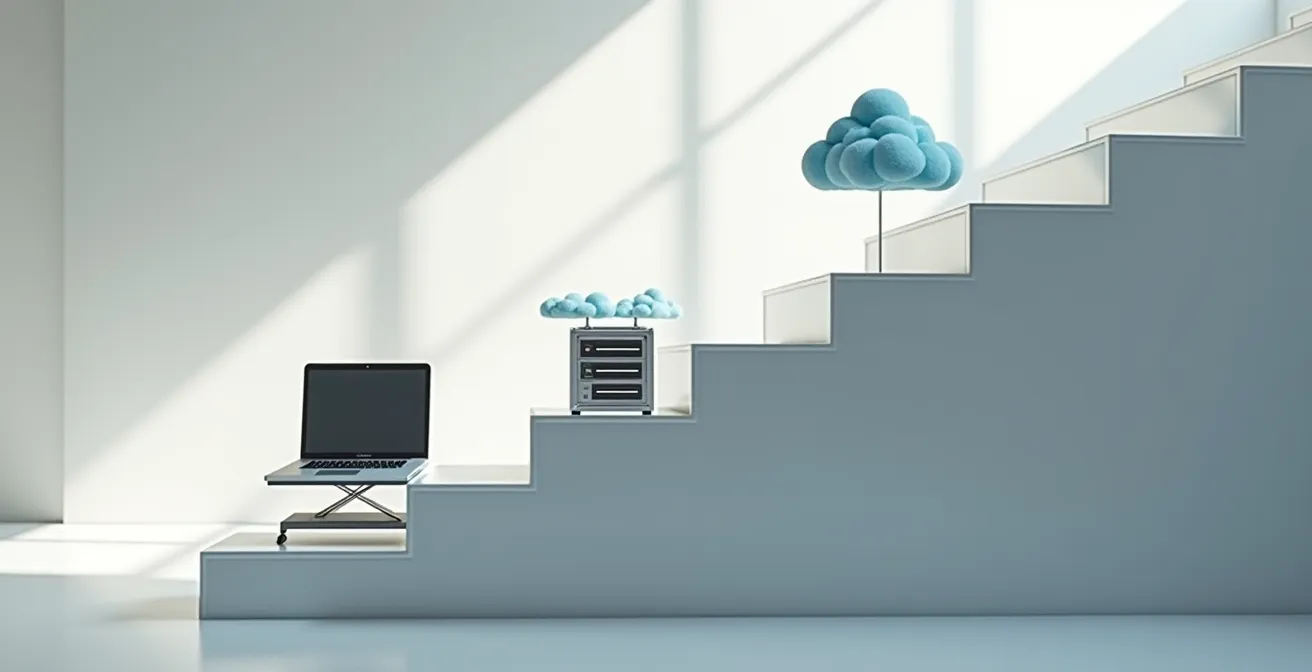 Évolution d'une PME parisienne de 5 à 15 salariés : graphique visualisant la complexité informatique croissante avec icônes de matériel, serveurs, et cloud